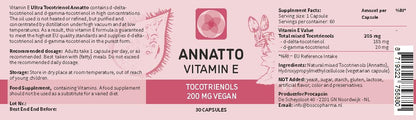 Annatto Tocotrienols Vegan Vitamin E - Tocopherol Free, 200mg, Non-GMO Antioxidant (30)