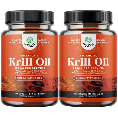 Natures Craft Antarctic Krill Oil 500mg Softgels - Omega-3 EPA/DHA + Astaxanthin - 2-Pack