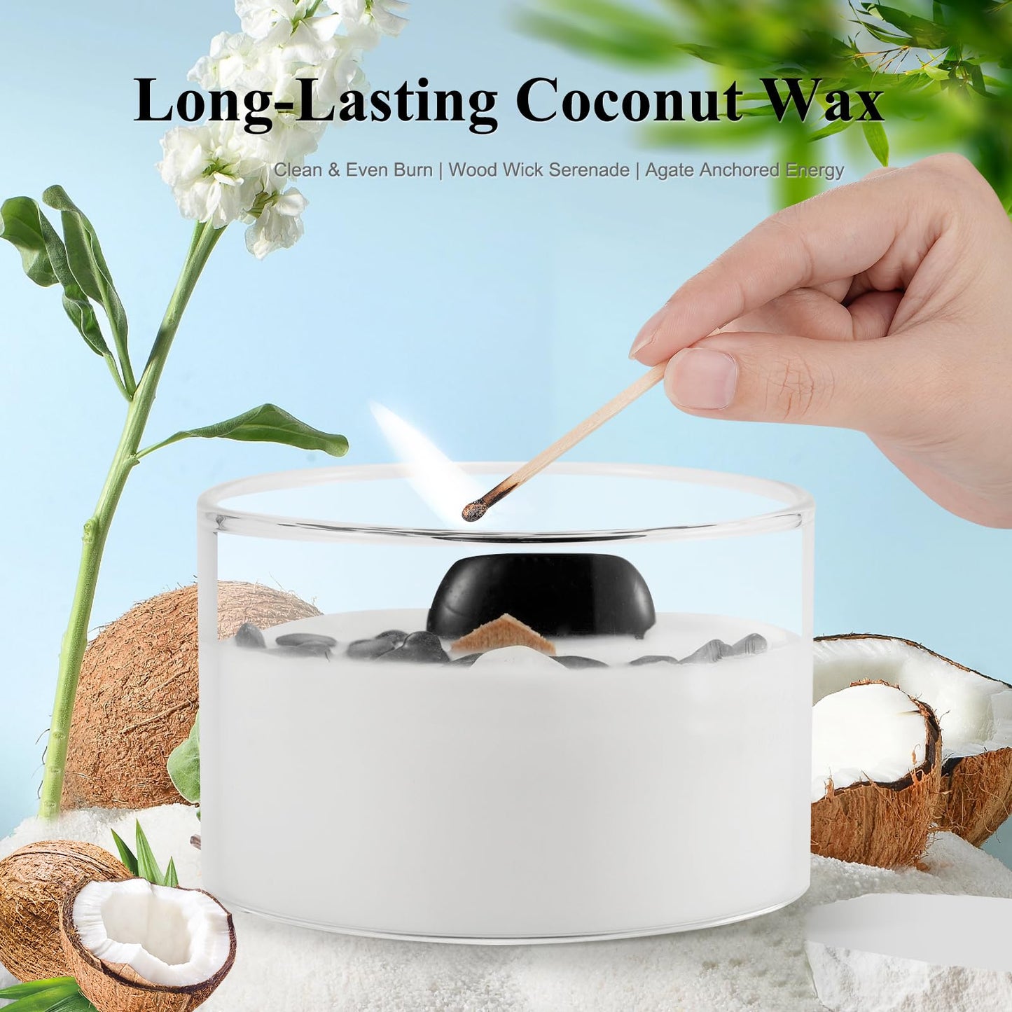 AntExpanse Coconut Soy Candle with Wood Wick & Crystals – 7oz, 55-Hour Burn