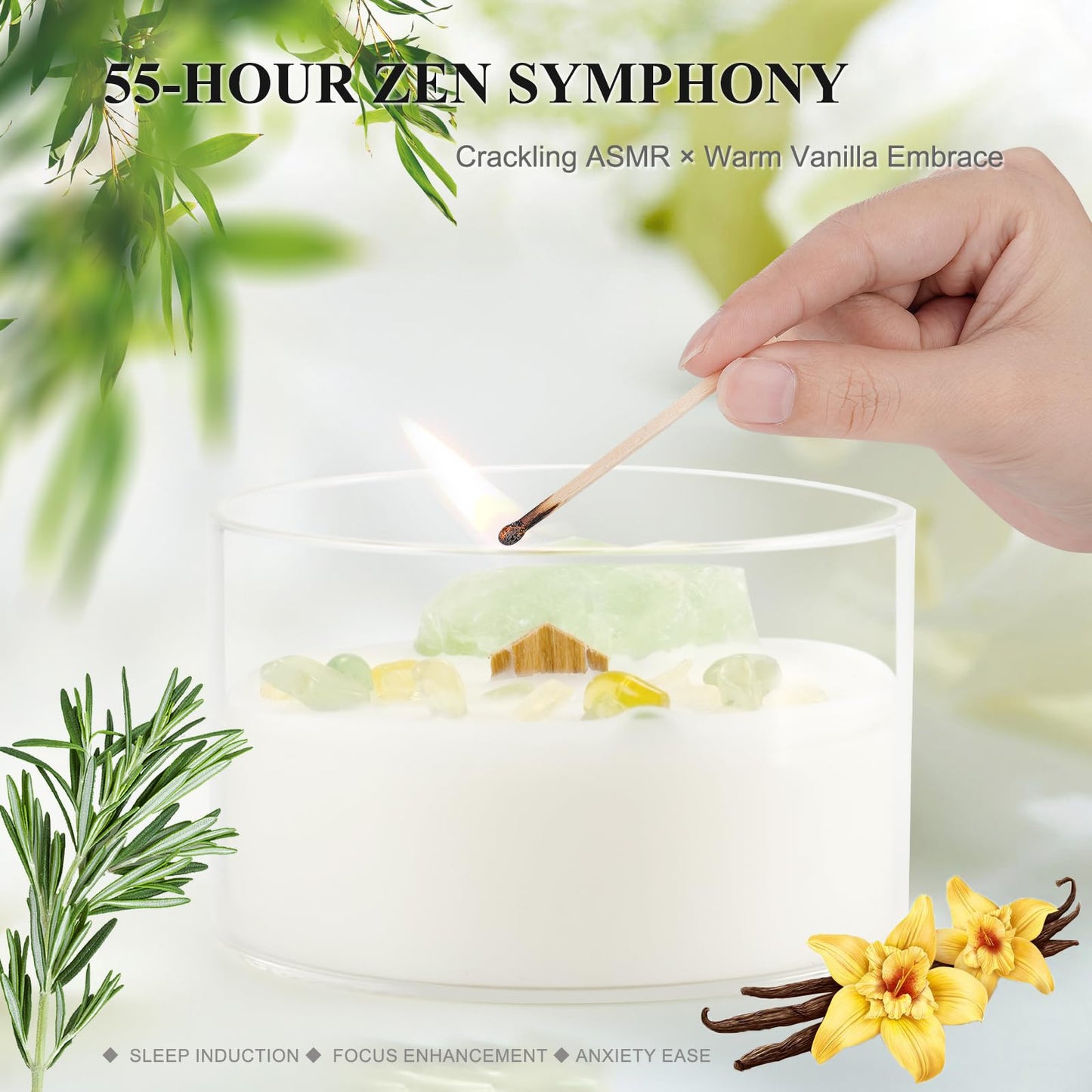 AntExpanse Vanilla Soy Candle – Wood Wick, Crystals, 55-Hour Aromatherapy (7oz)