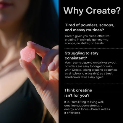 Create Creatine Monohydrate Gummies – 1.5g per Gummy, Vegan, Anti-Melt, Orange Flavor
