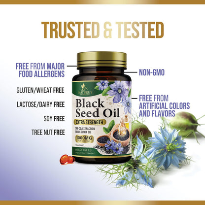Black Seed Oil Softgels 1000mg – Nigella Sativa, Pure Black Cumin Oil, 60 Softgels | Non-GMO, USA Bottled