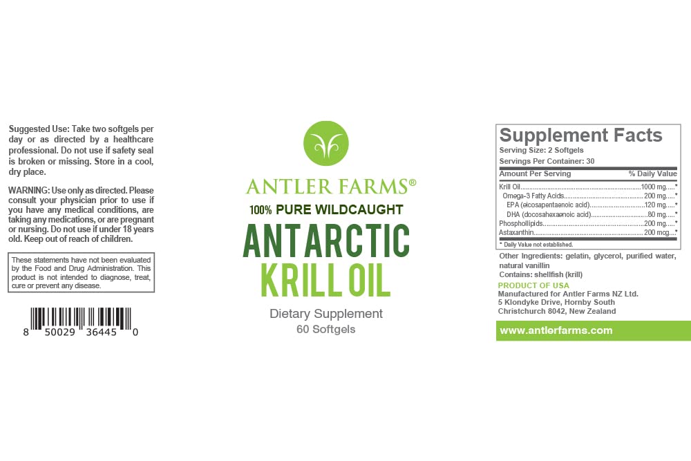Antler Farms Antarctic Krill Oil 60 Softgels | Omega-3 EPA + DHA + Astaxanthin (Pack of 2)