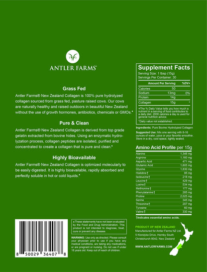 Antler Farms NZ Grass-Fed Collagen Powder – Unflavored, 1 lb, Hydrolyzed & Keto-Friendly