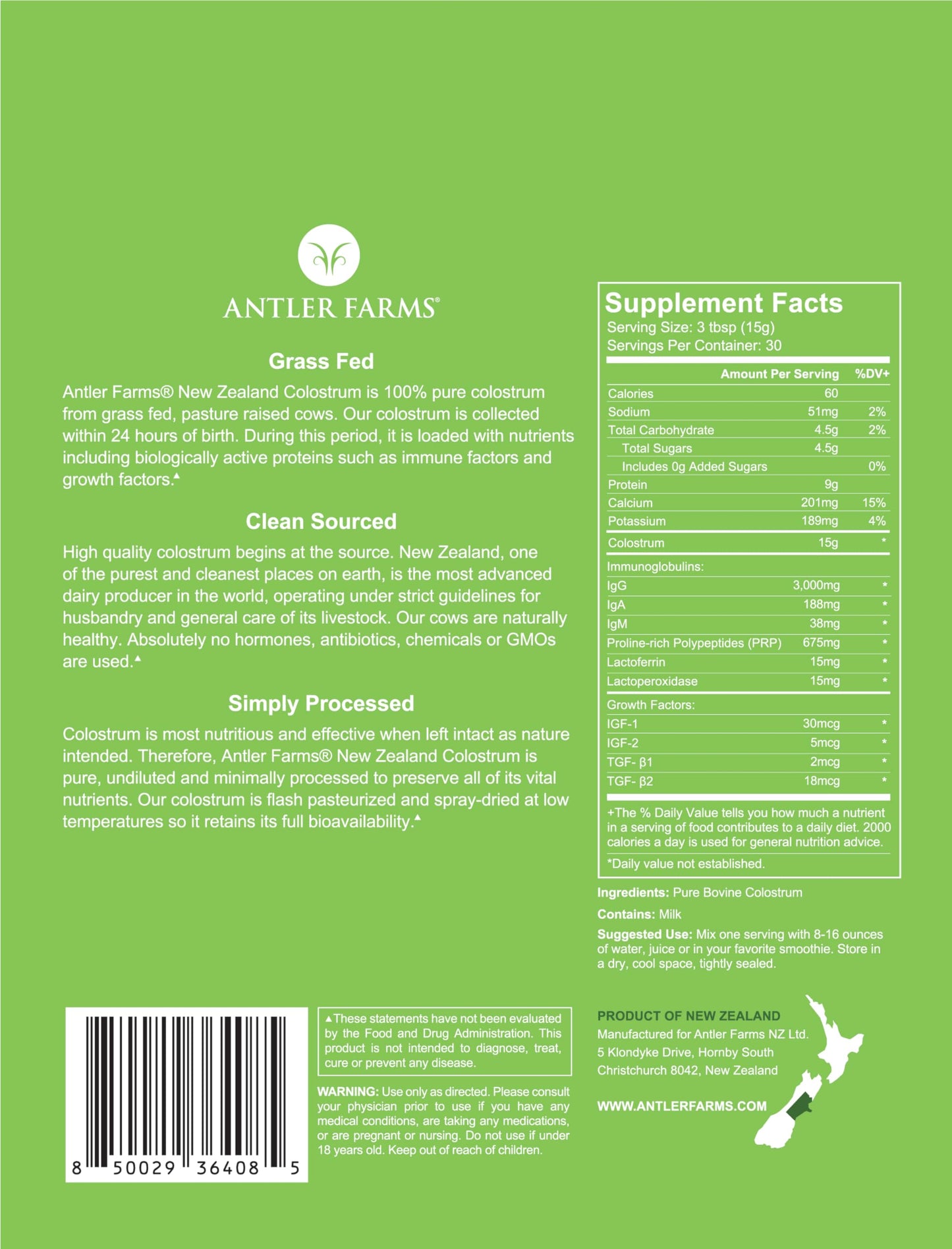Antler Farms NZ Colostrum – 30 Servings, Grass-Fed, Cold Processed, High IgG, Undiluted