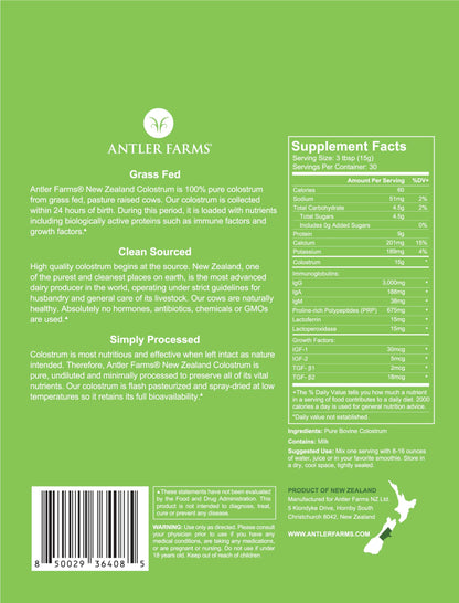 Antler Farms NZ Colostrum – 30 Servings, Grass-Fed, Cold Processed, High IgG, Undiluted
