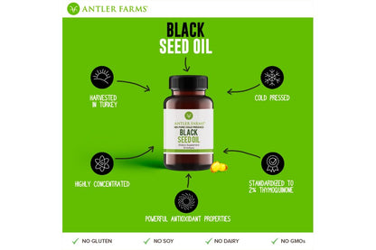 Antler Farms Black Seed Oil Softgel Capsules – 60 Softgels, 500mg, 2% Thymoquinone (Pack of 2)