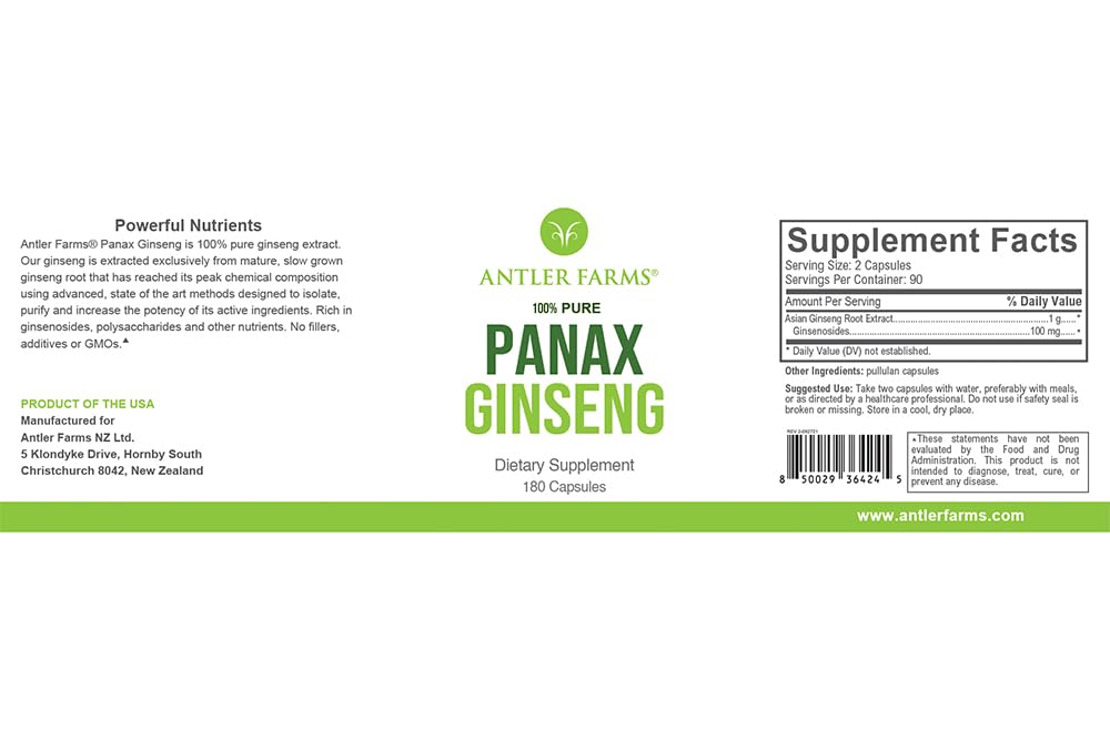 Antler Farms 100% Pure Panax Ginseng Extract - 180 Capsules, 500mg | Changbai Mountains