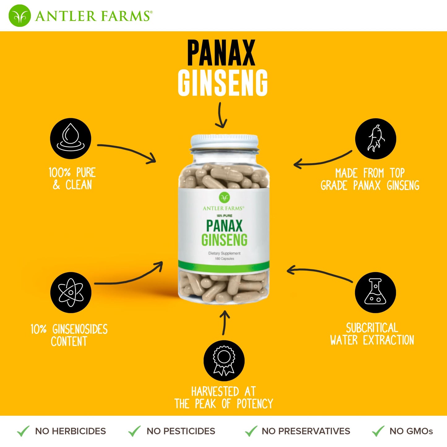 Antler Farms 100% Pure Panax Ginseng Extract - 180 Capsules, 500mg | Changbai Mountains