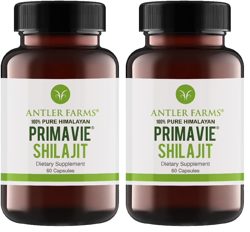 Antler Farms PrimaVie Shilajit for Men – 60 Capsules, 250 mg, 50% Fulvic Acid, Wild-Harvested Himalayan Resin (Pack of 2)