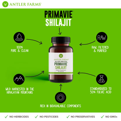 Antler Farms PrimaVie Shilajit for Men – 60 Capsules, 250 mg, 50% Fulvic Acid, Wild-Harvested Himalayan Resin (Pack of 2)