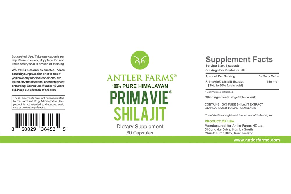 Antler Farms PrimaVie Shilajit for Men – 60 Capsules, 250 mg, 50% Fulvic Acid, Wild-Harvested Himalayan Resin (Pack of 2)