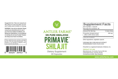 Antler Farms PrimaVie Shilajit for Men – 60 Capsules, 250 mg, 50% Fulvic Acid, Wild-Harvested Himalayan Resin (Pack of 2)