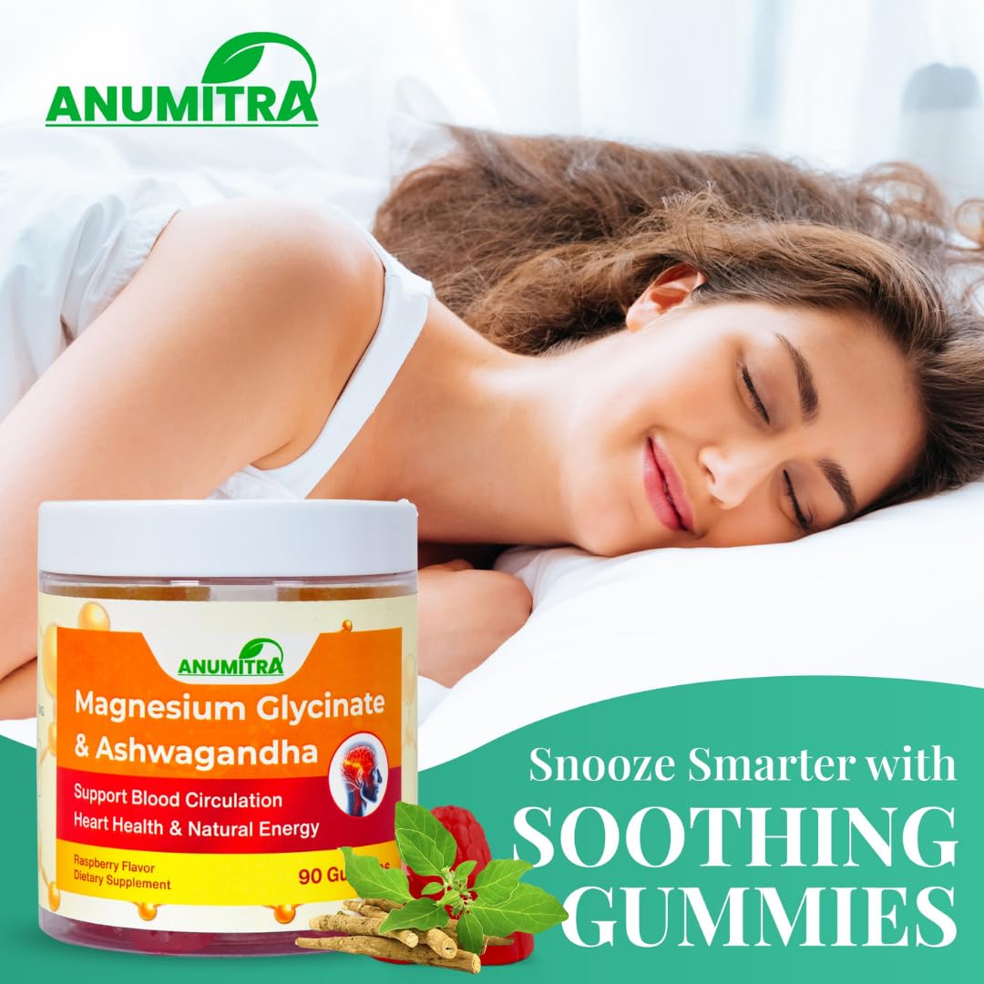 ANUMITRA Magnesium Glycinate + Ashwagandha Gummies 1000mg – Sugar-Free Raspberry, 90 Gummies