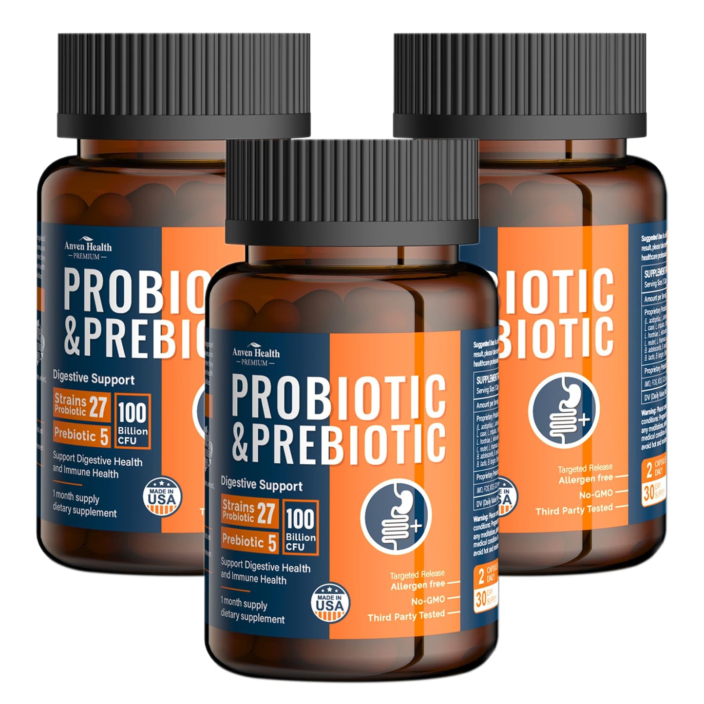 Anven Health 100 Billion Probiotics for Gut, Digestive & Immune Health – 27 Strains + 5 Organic Prebiotics | Made in USA | 180 Caps