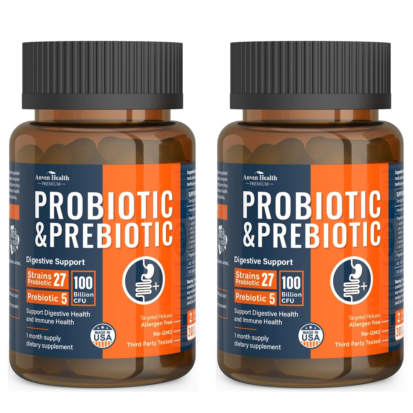 Anven Health 100 Billion Probiotics – 27 Strains, 5 Organic Prebiotics, Gut & Immune Support | Made in USA | 120 Caps