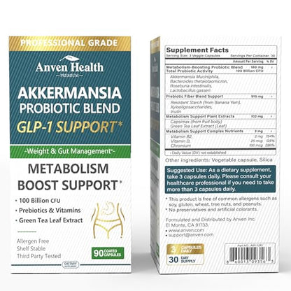 Anven Health GLP-1 Probiotic + Prebiotic, 100B CFU – 180 Capsules