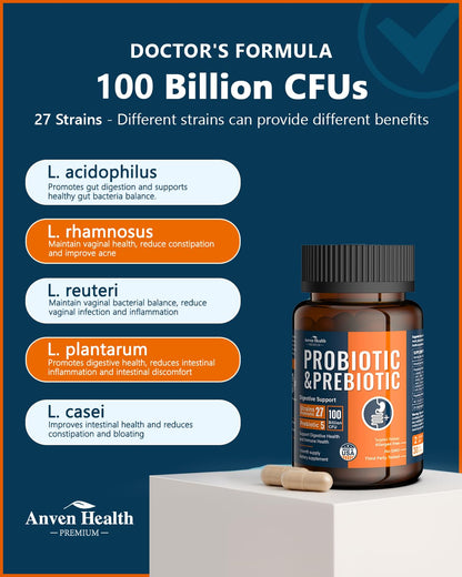 Anven Health 100 Billion Probiotics – 27 Strains, 5 Organic Prebiotics, Gut & Immune Support | Made in USA | 120 Caps