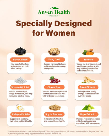 Anven Health Menopause Supplements – Probiotics, D3 & B6 | 270 Veggie Caps