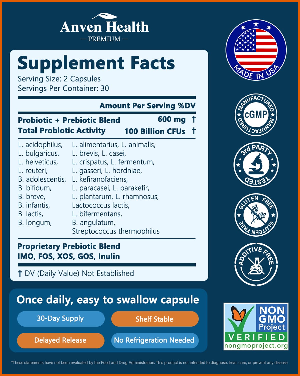 Anven Health 100 Billion Probiotics – 27 Strains, 5 Organic Prebiotics, Gut & Immune Support | Made in USA | 120 Caps
