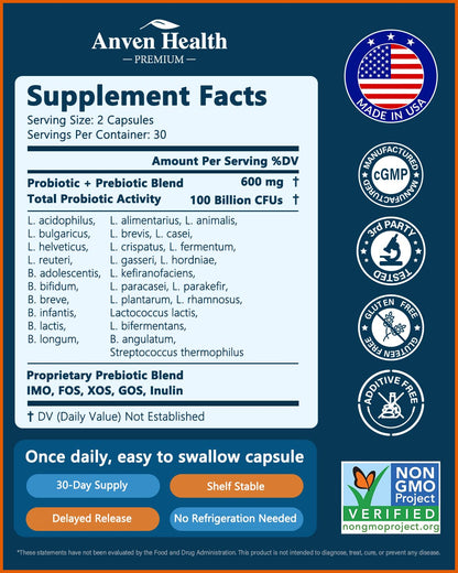 Anven Health 100 Billion Probiotics – 27 Strains, 5 Organic Prebiotics, Gut & Immune Support | Made in USA | 120 Caps
