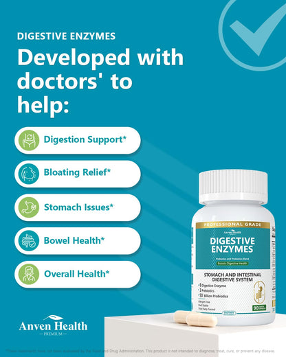 Anven Health 800mg Digestive Enzymes with Probiotics & Prebiotics – 270 Capsules (90-Day, Non-GMO)