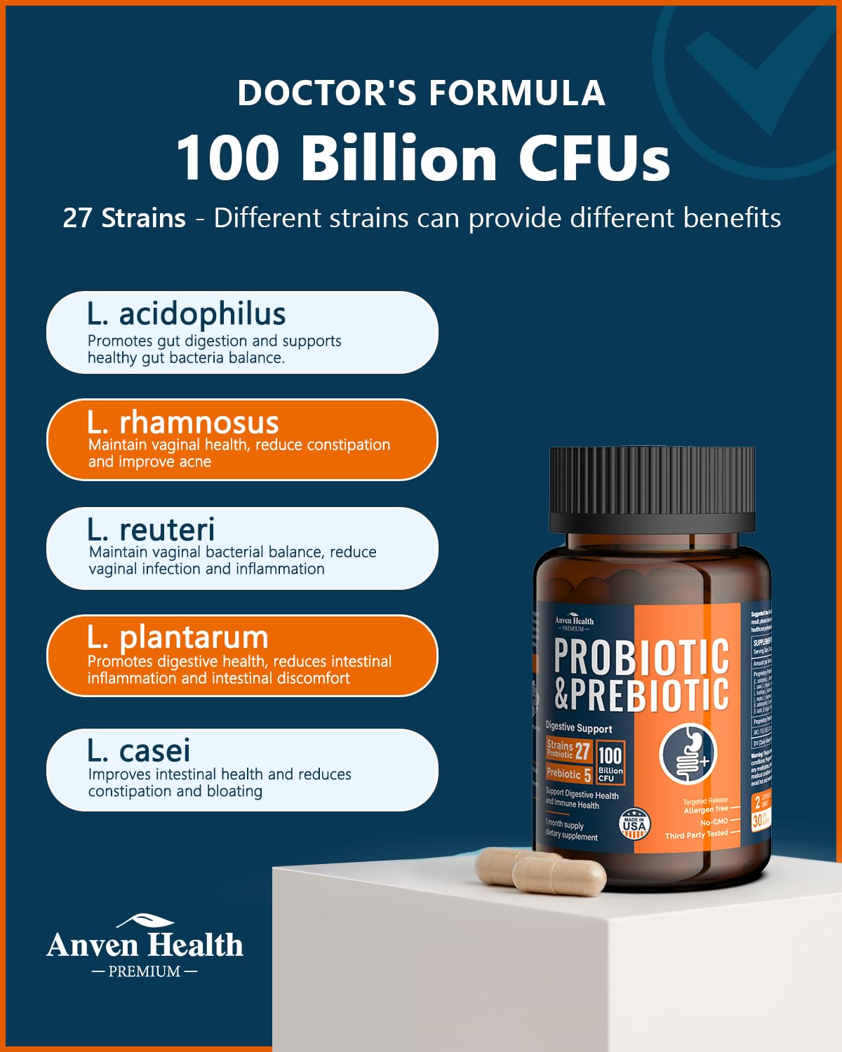 Anven Health 100 Billion Probiotics for Gut, Digestive & Immune Health – 27 Strains + 5 Organic Prebiotics | Made in USA | 180 Caps