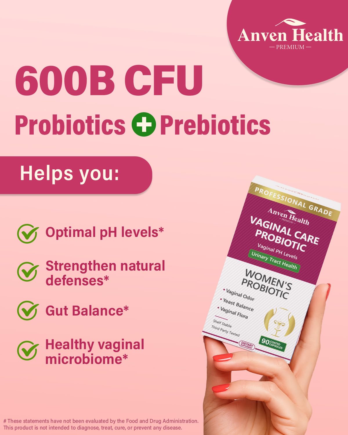 Anven Health Vaginal Probiotics for Women – 60B Probiotic + Prebiotic, pH Balance, Cranberry, Saffron & Chasteberry, 270 Caps
