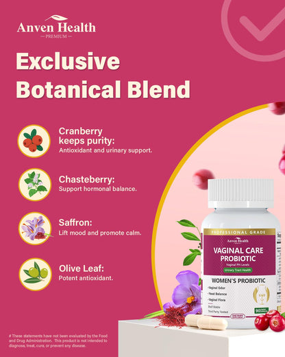 Anven Health Vaginal Probiotics for Women – 60B Probiotic + Prebiotic, pH Balance, Cranberry, Saffron & Chasteberry, 270 Caps