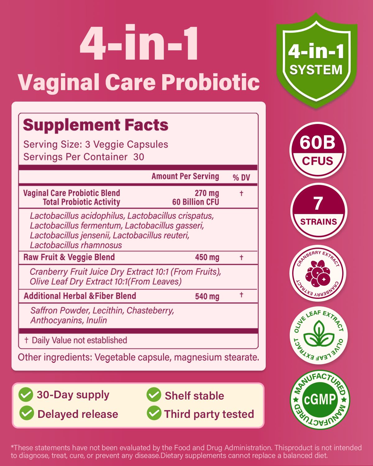 Anven Health Vaginal Probiotics for Women – 60B Probiotic + Prebiotic, pH Balance, Cranberry, Saffron & Chasteberry, 270 Caps