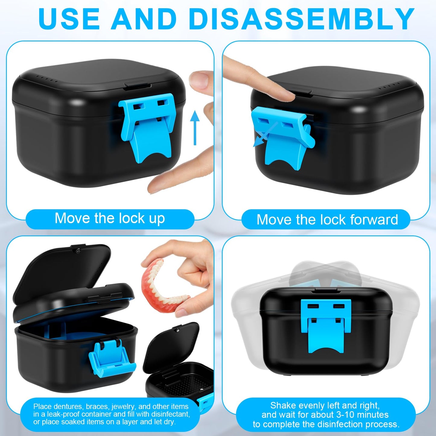 ANYLEY Leak-Proof Denture Cup & Travel Case – Double-Layer, Black & Blue