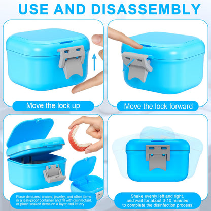 ANYLEY Leak-Proof Denture Case | 250ml Travel Retainer Cleaner Case – Sky Blue & Silver Gray