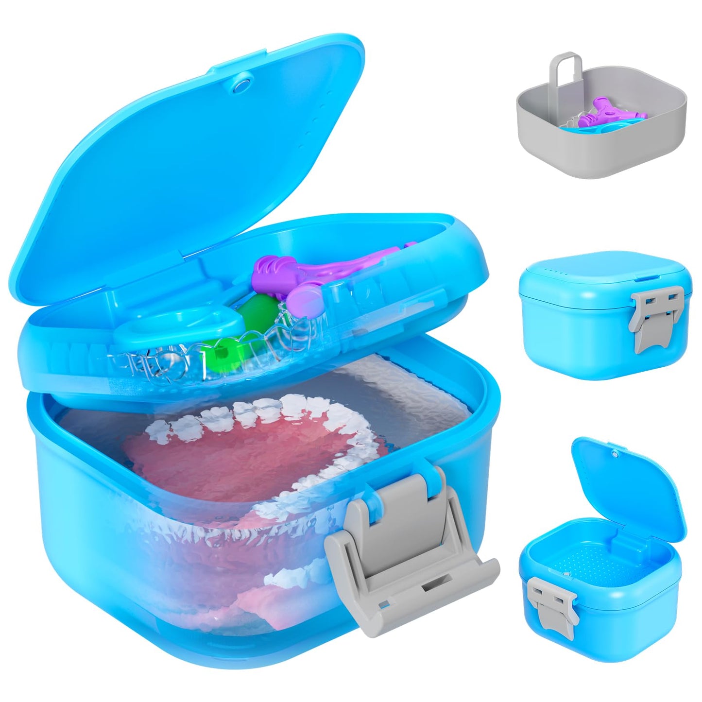 ANYLEY Leak-Proof Denture Case | 250ml Travel Retainer Cleaner Case – Sky Blue & Silver Gray
