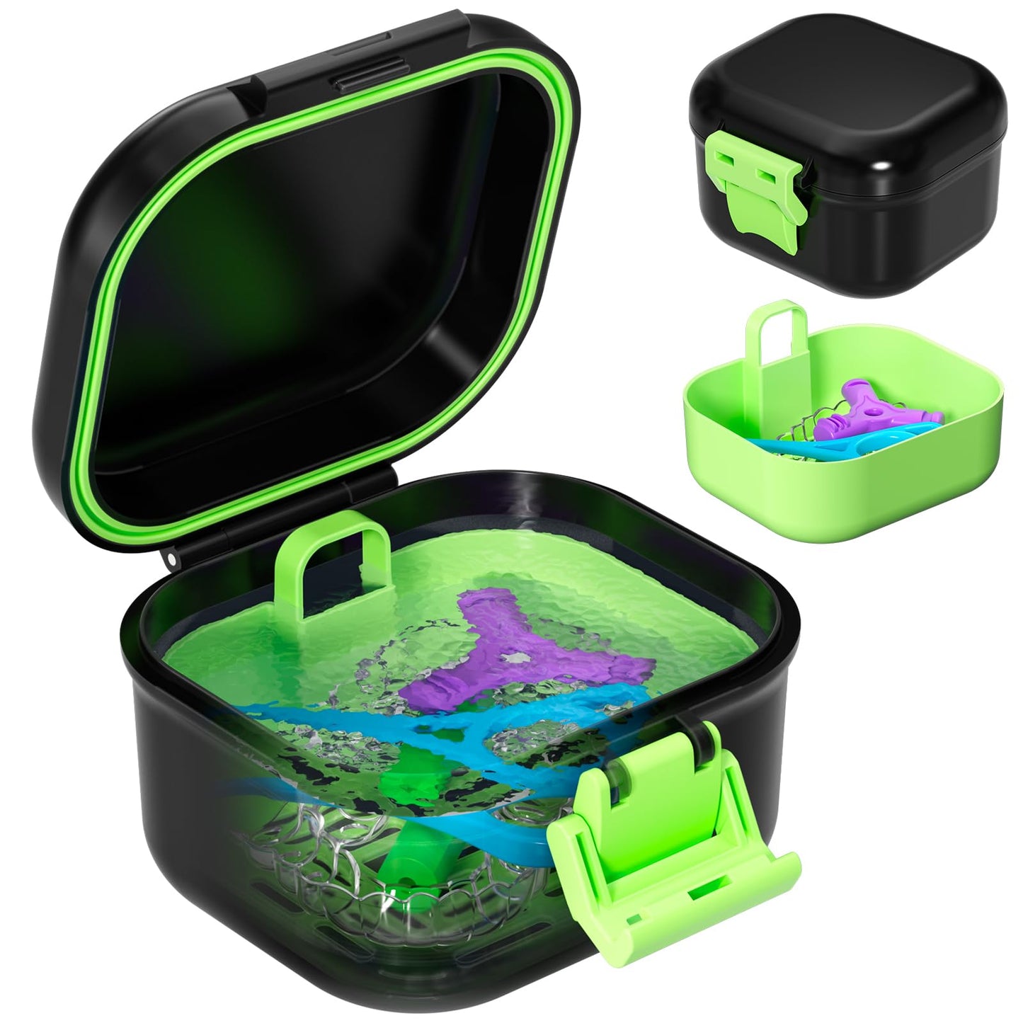 ANYLEY Leak Proof Denture Bath Cup – Travel Denture Case for Soaking Dentures | Portable Retainer Cleaner Case (Black & Light Green)