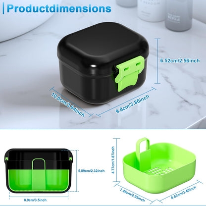 ANYLEY Leak Proof Denture Bath Cup – Travel Denture Case for Soaking Dentures | Portable Retainer Cleaner Case (Black & Light Green)