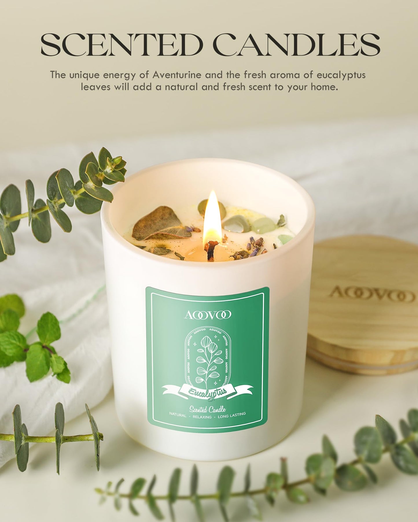 AOOVOO Eucalyptus Mint Soy Candle with Crystals - 10oz for Women