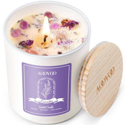 AOOVOO Lavender Scented Soy Candle for Women – Aromatherapy with Crystals, 10oz