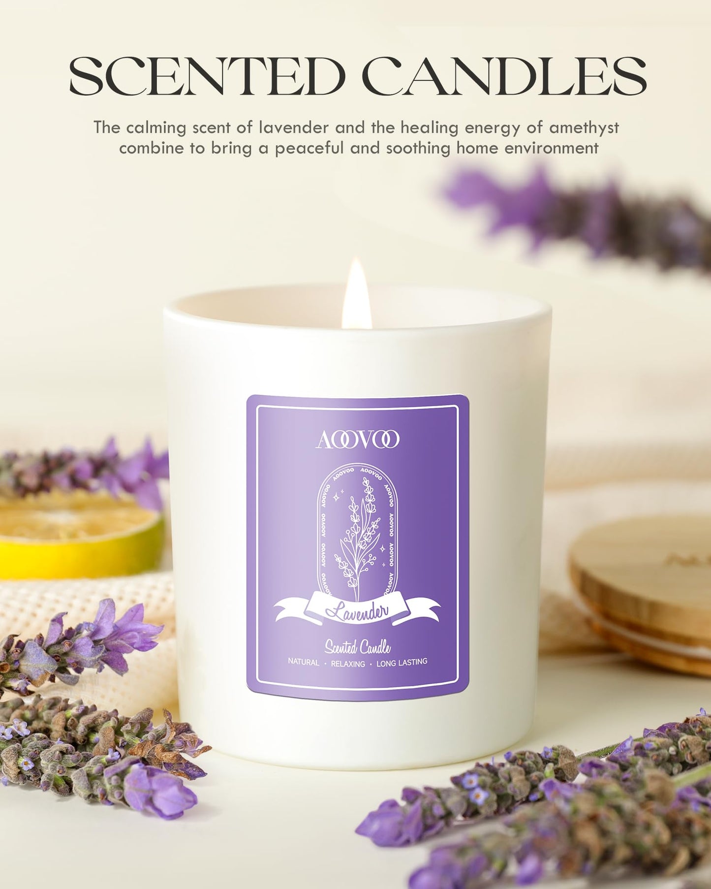AOOVOO Lavender Scented Soy Candle for Women – Aromatherapy with Crystals, 10oz