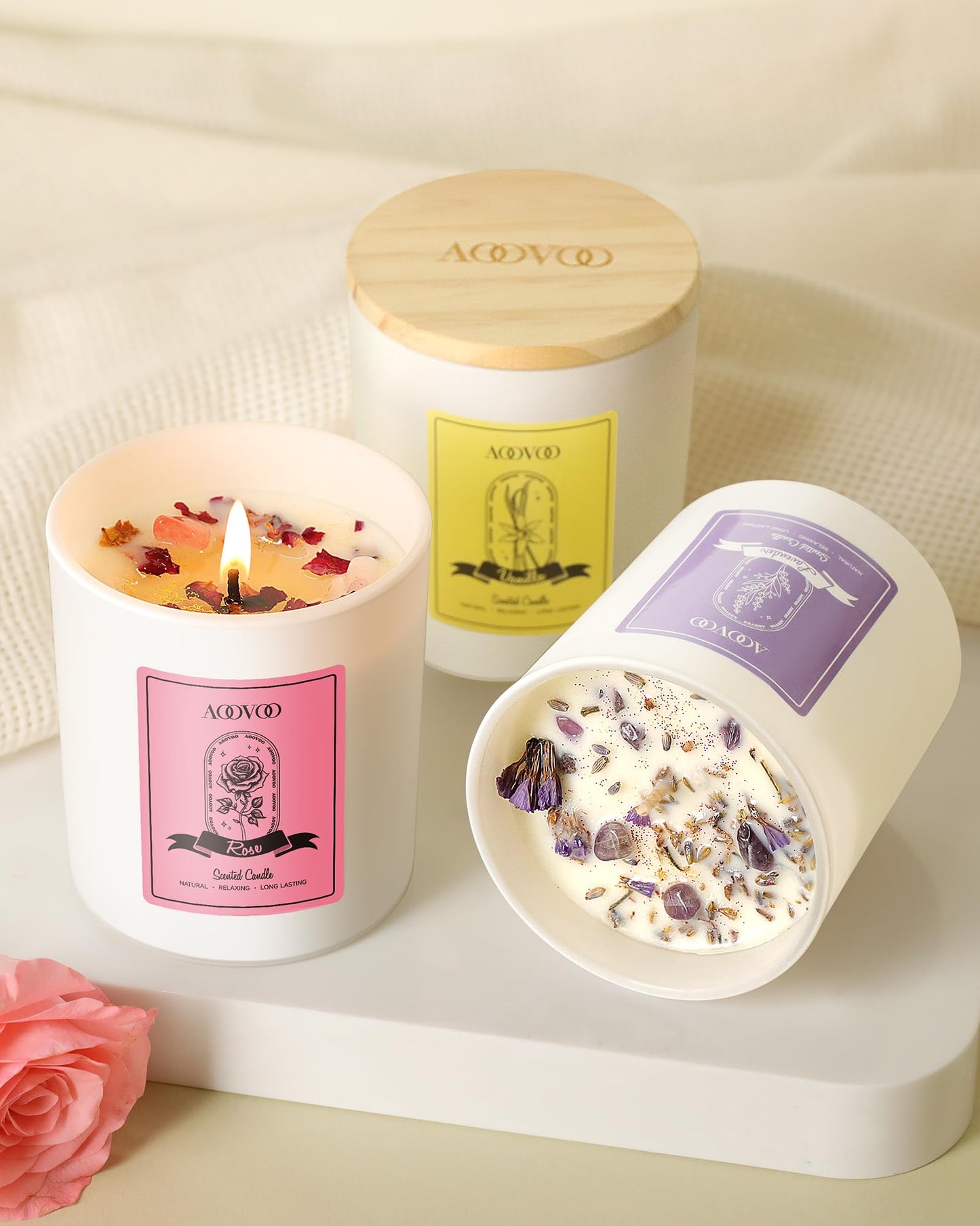 AOOVOO 40oz Soy Candles with Crystals – Rose, Vanilla, Eucalyptus & Lavender Aromatherapy Gift Set for Women