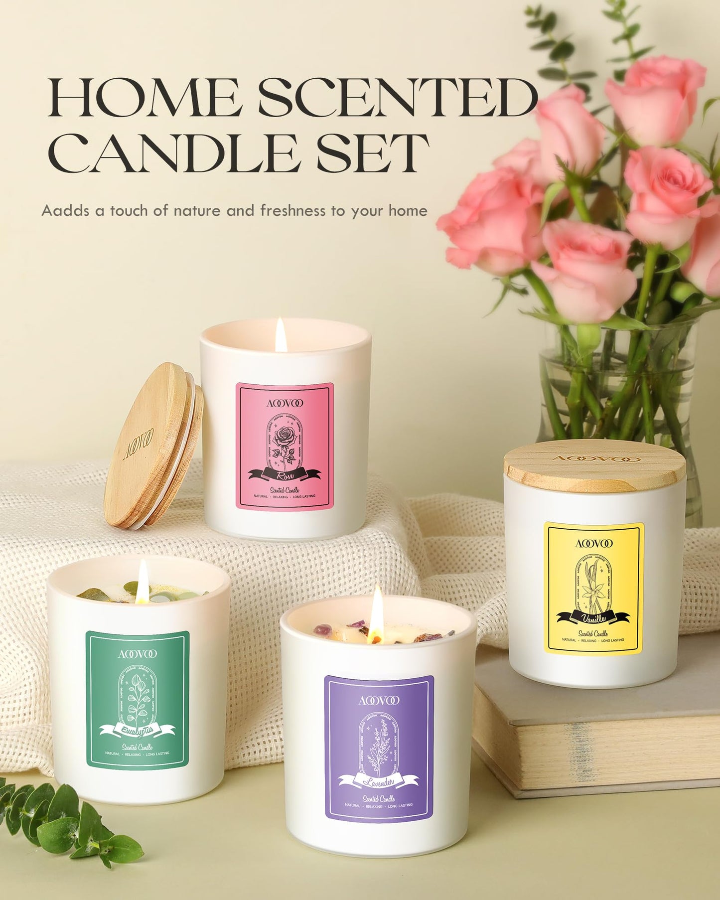 AOOVOO 40oz Soy Candles with Crystals – Rose, Vanilla, Eucalyptus & Lavender Aromatherapy Gift Set for Women