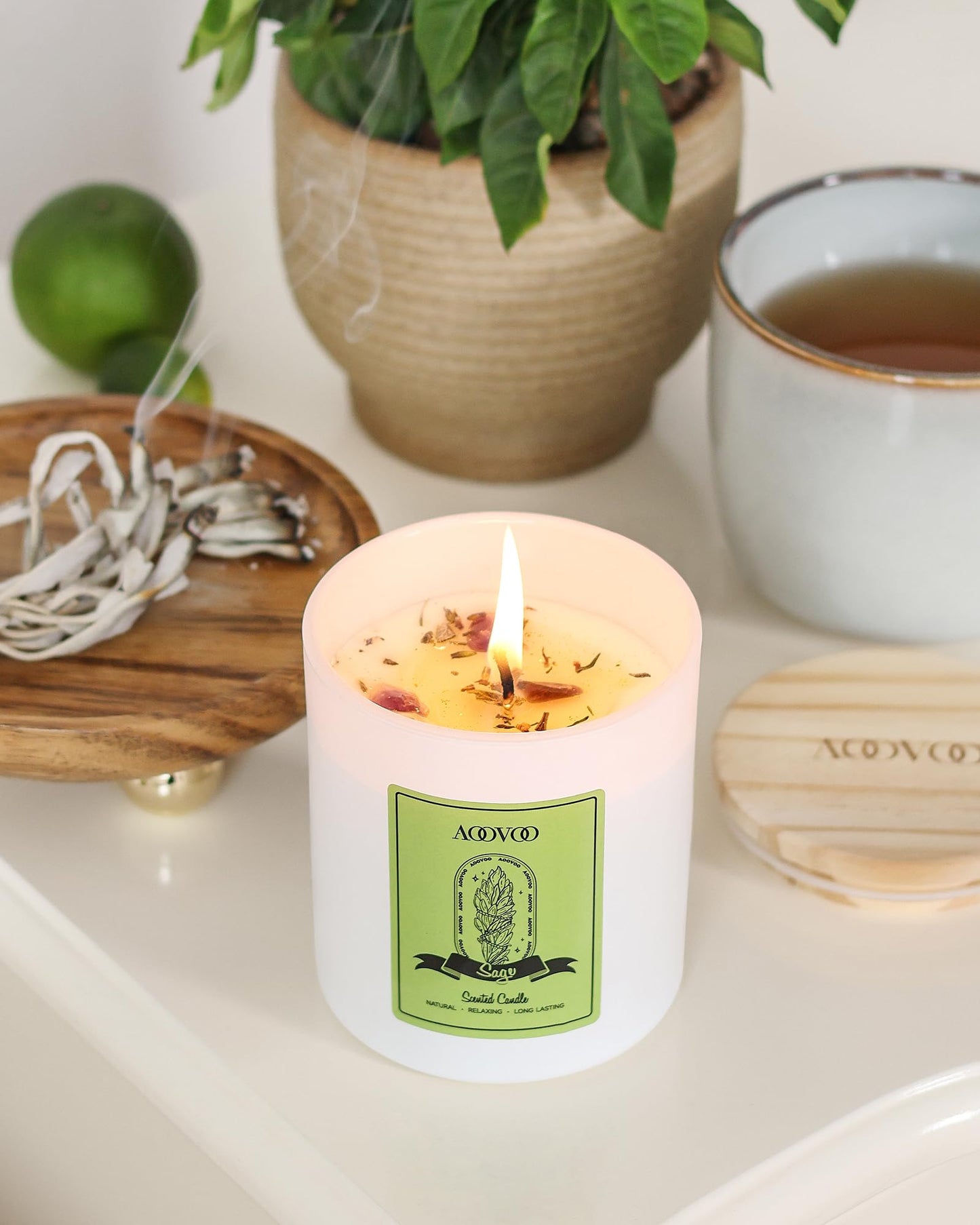 AOOVOO Sage Scented Candles for Women | 10oz Soy Aromatherapy Candle with Crystals Inside