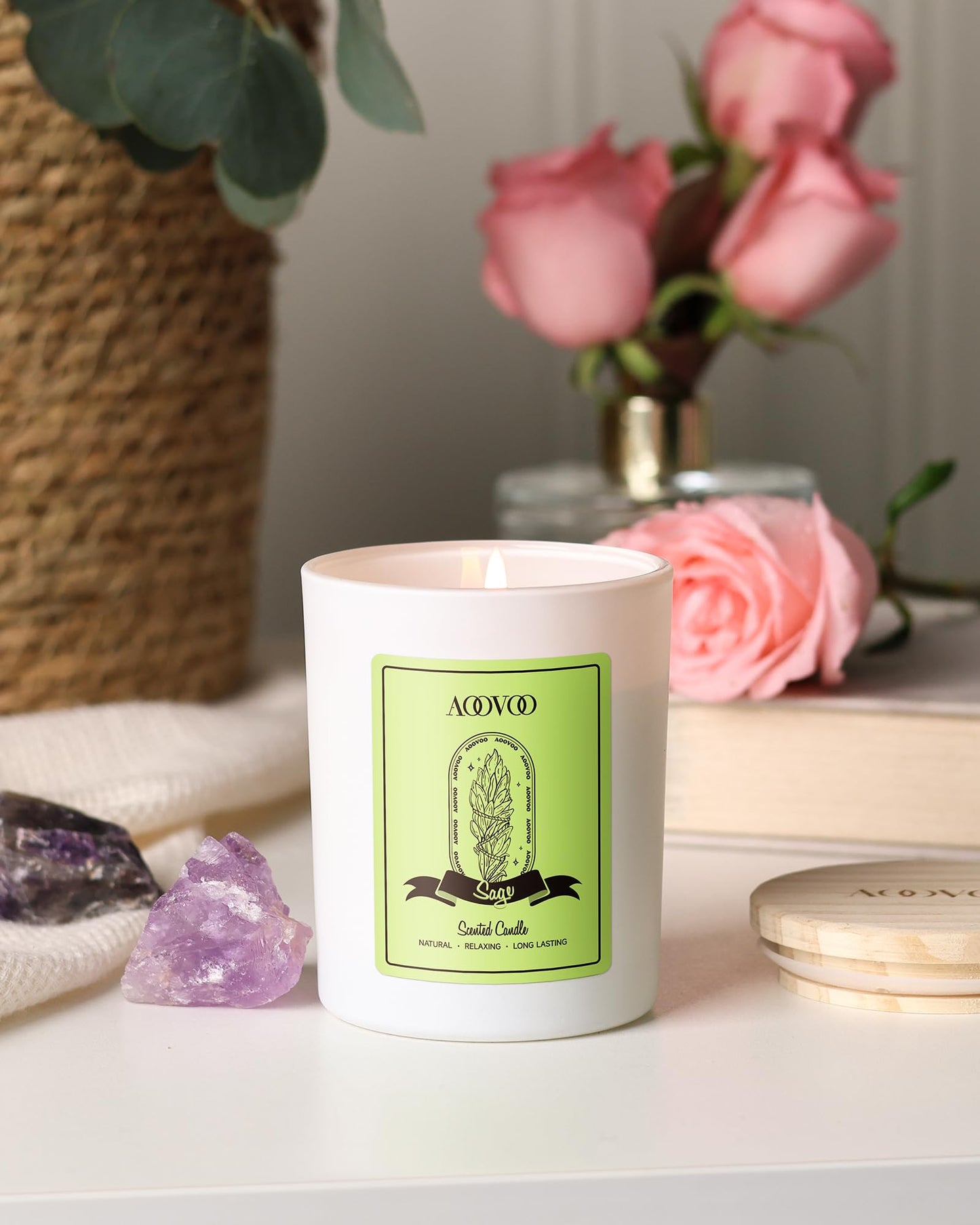 AOOVOO Sage Scented Candle for Women — 7oz Soy, Crystals Inside