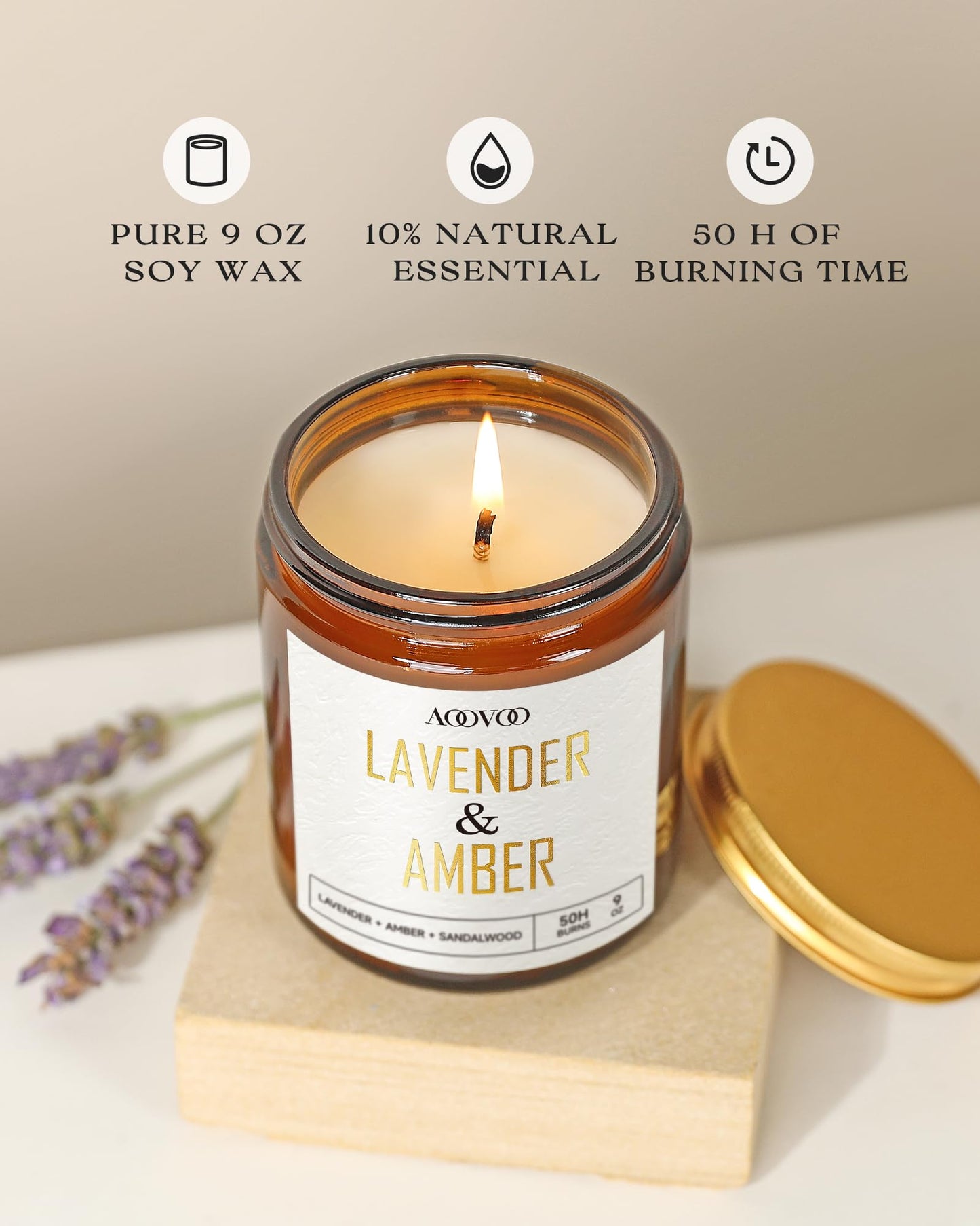 AOOVOO Lavender Amber Candles – 9 oz Scented Soy Candle, Aromatherapy