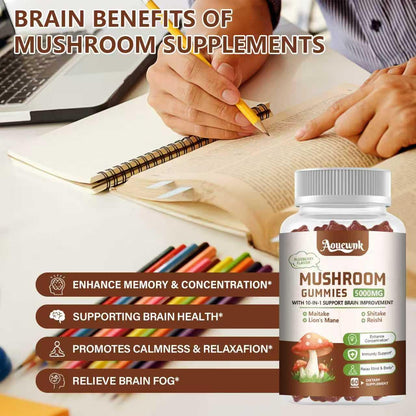 Aouewnk 2-Pack 5000MG Mushroom Gummies – 10-in-1 Brain & Immune Support