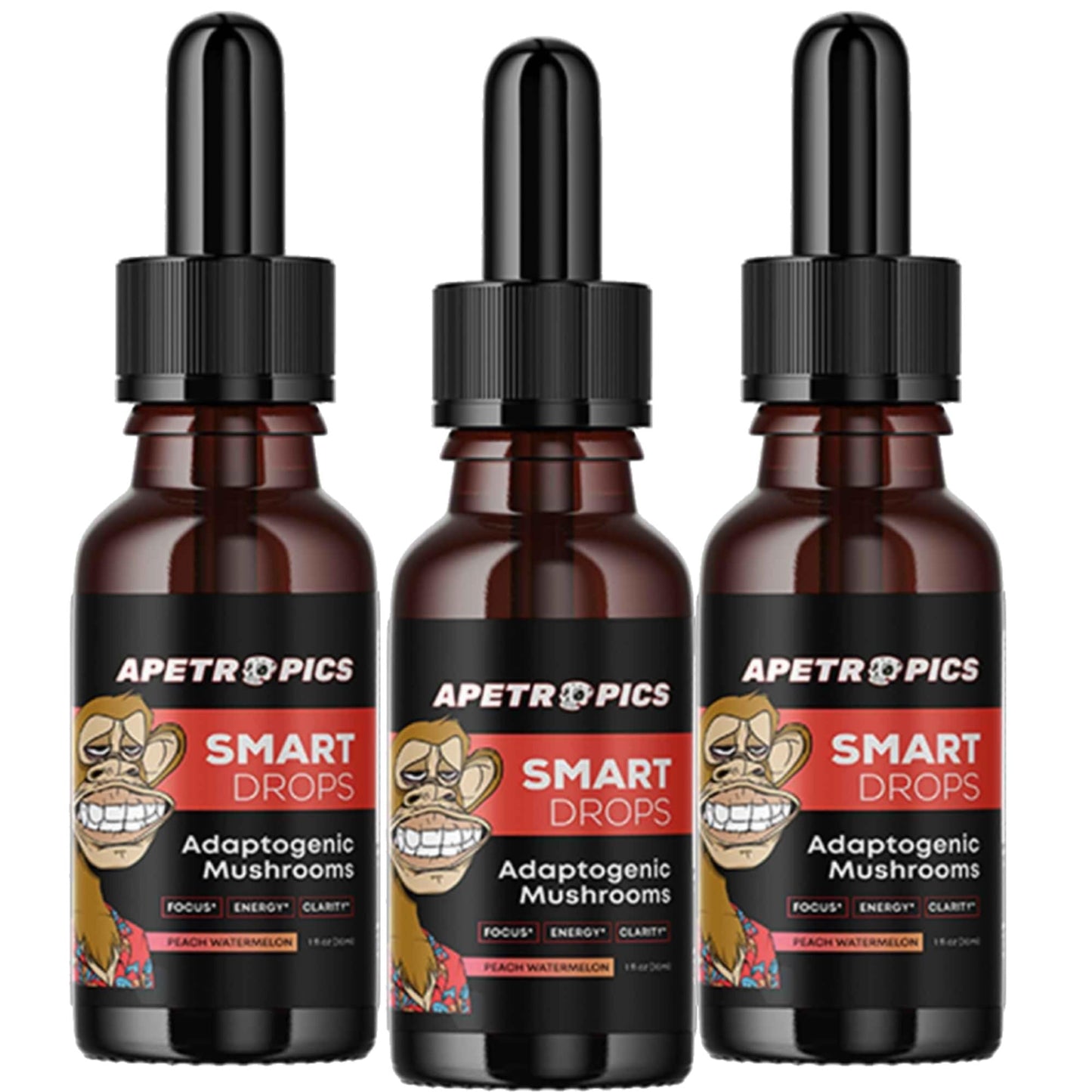 Apetropics Smart Drops - 5-in-1 Adaptogenic Mushroom Tincture for Focus (Lion's Mane, Cordyceps, Turkey Tail, Chaga, Reishi) Peach Watermelon - 30 Servings (3 Pack)