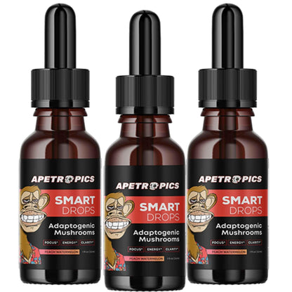 Apetropics Smart Drops - 5-in-1 Adaptogenic Mushroom Tincture for Focus (Lion's Mane, Cordyceps, Turkey Tail, Chaga, Reishi) Peach Watermelon - 30 Servings (3 Pack)
