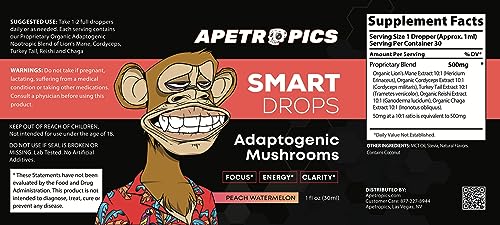 Apetropics Smart Drops - 5-in-1 Adaptogenic Mushroom Tincture for Focus (Lion's Mane, Cordyceps, Turkey Tail, Chaga, Reishi) Peach Watermelon - 30 Servings (3 Pack)