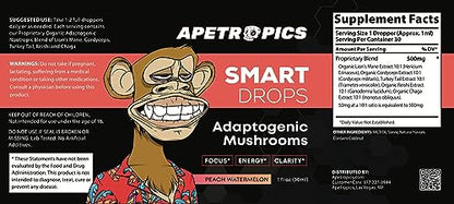 Apetropics Smart Drops - 5-in-1 Adaptogenic Mushroom Tincture for Focus (Lion's Mane, Cordyceps, Turkey Tail, Chaga, Reishi) Peach Watermelon - 30 Servings (3 Pack)