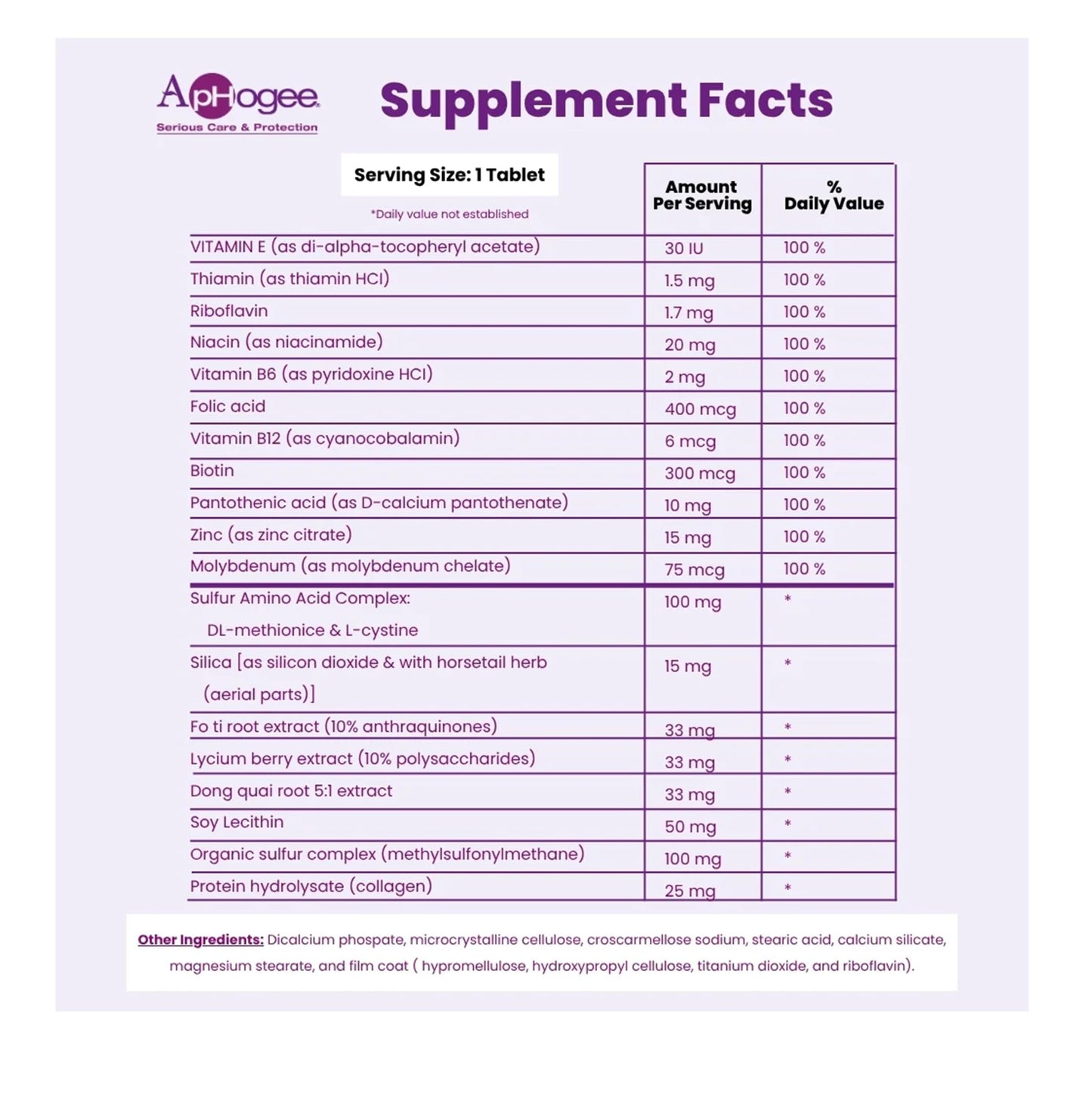 ApHogee Vitamin Hair Supplement - Healthy Hair, 30 Tablets
