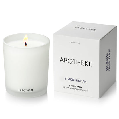 APOTHEKE Black Iris Oak Scented Candle – 10.5 oz Soy Wax, Non-Toxic, Large White Jar | Luxury Home Fragrance